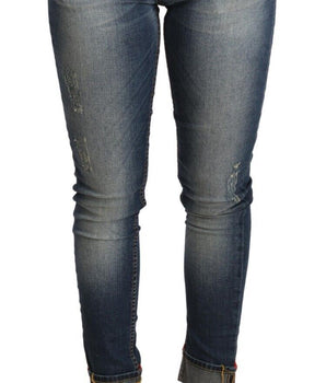 Acht Blue Washed Cotton Low Waist Skinny Denim Women Trouser Jeans