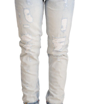 Acht Light Blue Distressed Cotton Folded Hem Denim Trouser Jeans