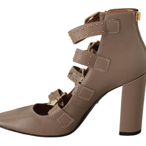 MY TWIN Elegant Leather Multi-Buckle Heels in Brown