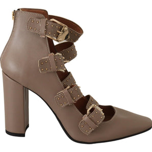 MY TWIN Elegant Leather Multi-Buckle Heels in Brown