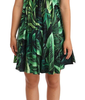 Dolce &amp; Gabbana Elegant Flared Mini A-Line Dress in Green Leaf Print