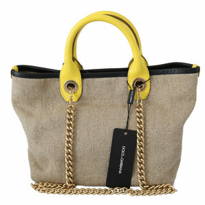 Dolce & Gabbana Beige Linen-Calf Tote with Gold Chain Dolce & Gabbana 