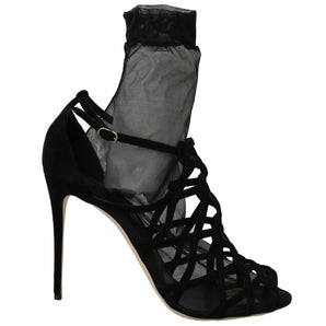 Dolce & Gabbana Black Suede Tulle Ankle Boot Sandals