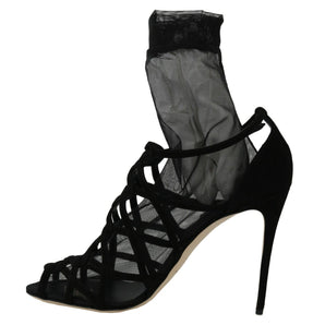 Dolce & Gabbana Black Suede Tulle Ankle Boot Sandals