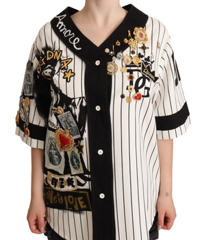 Dolce &amp; Gabbana Elegant Striped V-Neck Blouse with Charms