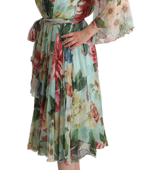 Dolce & Gabbana Green Floral Long Sleeves V-neck Midi Dress Dolce & Gabbana 