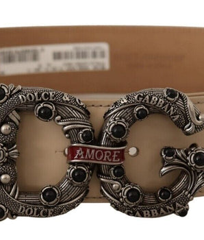 Dolce & Gabbana Beige Leather Silver Logo Buckle Amore Belt Dolce & Gabbana 