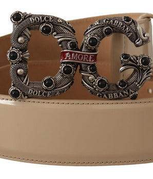Dolce & Gabbana Beige Leather Silver Logo Buckle Amore Belt Dolce & Gabbana 