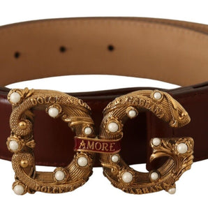 Dolce &amp; Gabbana Elegant Pearl-Embellished Leather Amore Belt