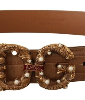Dolce & Gabbana Brown Crocodile Pattern Leather Logo Amore Belt Dolce & Gabbana 