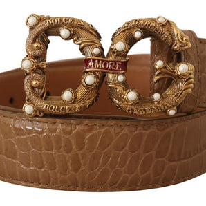 Dolce &amp; Gabbana Elegant Croco Leather Amore Belt with Pearls