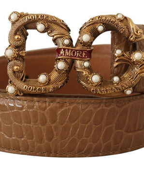 Dolce & Gabbana Brown Crocodile Pattern Leather Logo Amore Belt Dolce & Gabbana 