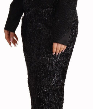 Masha Ma elegante vestido midi negro adornado