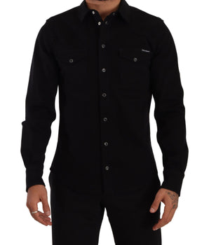 Dolce & Gabbana Black Slim Cotton Denim Stretch Shirt
