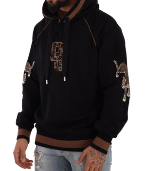 Dolce & Gabbana Black Brown Leopard Cotton Hooded Pullover Sweater