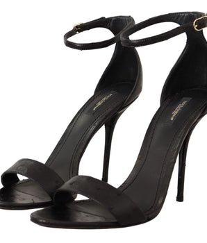 Dolce & Gabbana Black Ostrich Ankle Strap Heels Sandals Shoes