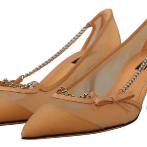 Dolce & Gabbana Elegant Beige Mesh Pumps with Silver Chains