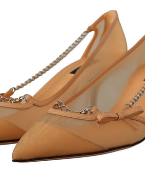 Dolce & Gabbana Peach Mesh Leather Chains Heels Pumps Shoes