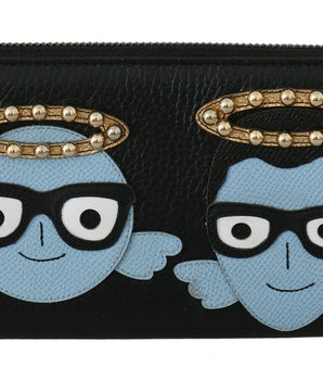 Dolce & Gabbana Black Blue Leather #DGFAMILY Zipper Continental Wallet