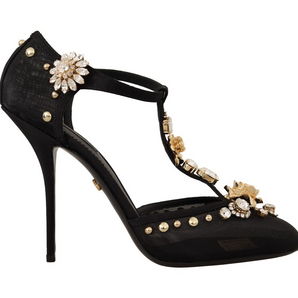 Dolce &amp; Gabbana Elegantes zapatos de tacón con tira en T de malla adornados con cristales