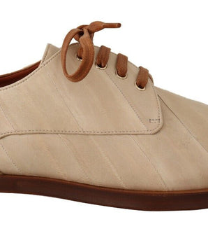 Dolce & Gabbana White Eel Leather Lace Up Formal Flats Shoes