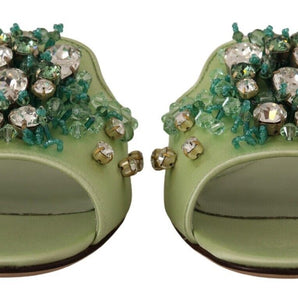 Dolce &amp; Gabbana Elegantes chanclas de cuero verde con adornos de cristales