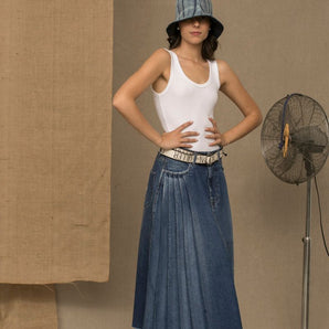 Don The Fuller Chic Blue Denim Pleated Skirt