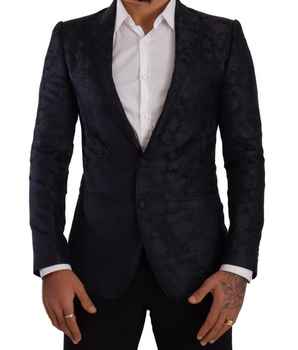 Dolce & Gabbana Blue Floral Jacquard Silk Coat MARTINI Blazer