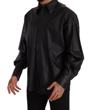 Dolce & Gabbana Black Leather Button Down Men Collared Jacket