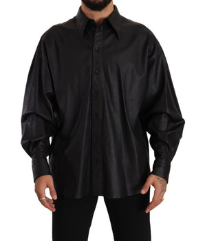 Dolce & Gabbana Black Leather Button Down Men Collared Jacket