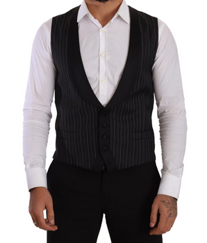 Dolce & Gabbana Black Striped Wool Silk Waistcoat Vest