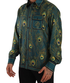 Dolce & Gabbana Peacock Feather Print Silk Pajama Mens Shirt