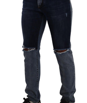 Dolce & Gabbana Blue Two Tone Tattered Cotton Slim Denim Jeans