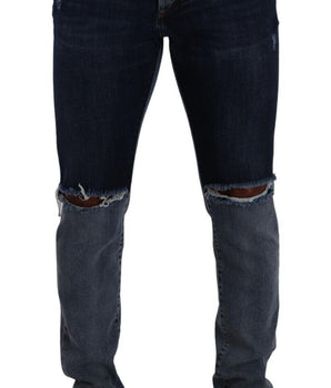 Dolce & Gabbana Blue Two Tone Tattered Cotton Slim Denim Jeans