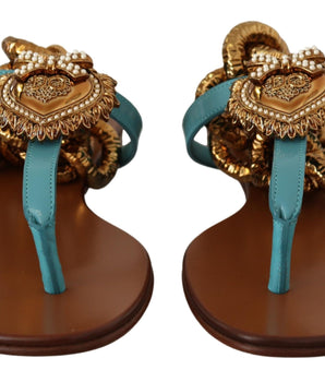 Dolce & Gabbana Blue Leather Devotion Flats Sandals