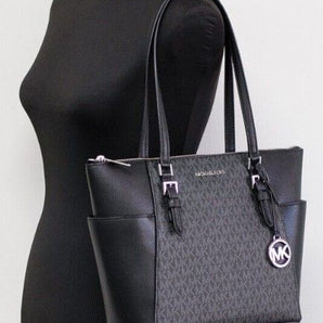 Michael Kors Charlotte Black PVC Leather Large Top Zip Tote Handbag Bag Purse