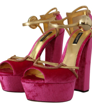Dolce & Gabbana Pink Velvet Crystal Ankle Strap Sandals Shoes