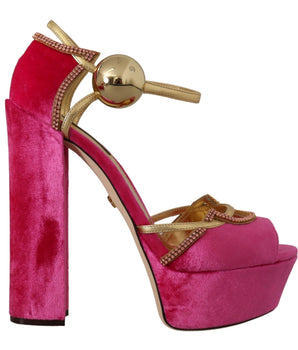 Dolce & Gabbana Pink Velvet Crystal Ankle Strap Sandals Shoes