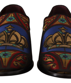 Dolce & Gabbana Multicolor Jacquard Crown Slippers Loafers Shoes
