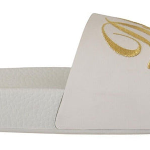 Dolce &amp; Gabbana Chic White Leather Slides with Gold Embroidery