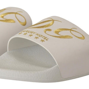 Dolce &amp; Gabbana Chic White Leather Slides with Gold Embroidery