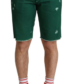 Dolce &amp; Gabbana Green Tattered Cotton Men Denim Bermuda Shorts