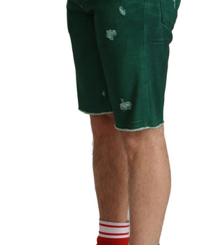 Dolce &amp; Gabbana Green Tattered Cotton Men Denim Bermuda Shorts
