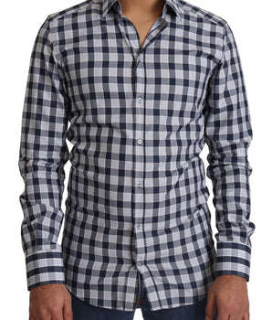 Dolce & Gabbana Blue White Check Cotton Slim Fit GOLD Shirt