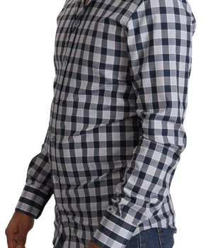 Dolce & Gabbana Blue White Check Cotton Slim Fit GOLD Shirt