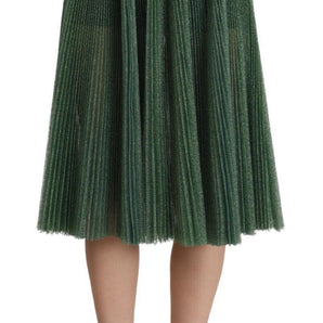 Dolce & Gabbana Metallic Green Pleated A-Line Midi Skirt