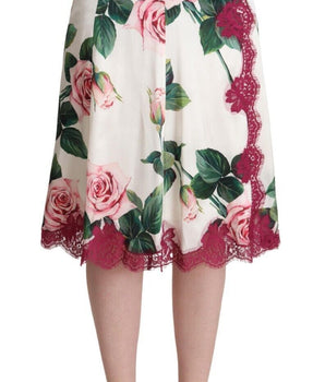 Dolce &amp; Gabbana White Rose Print High Waist Midi A-line Skirt