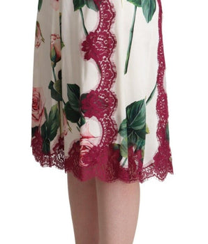 Dolce &amp; Gabbana White Rose Print High Waist Midi A-line Skirt