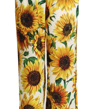 Dolce & Gabbana White Sunflower Print Mid Waist Wide Leg Pants