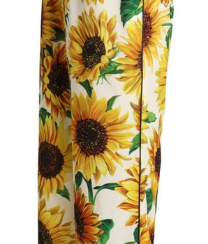 Dolce & Gabbana White Sunflower Print Mid Waist Wide Leg Pants